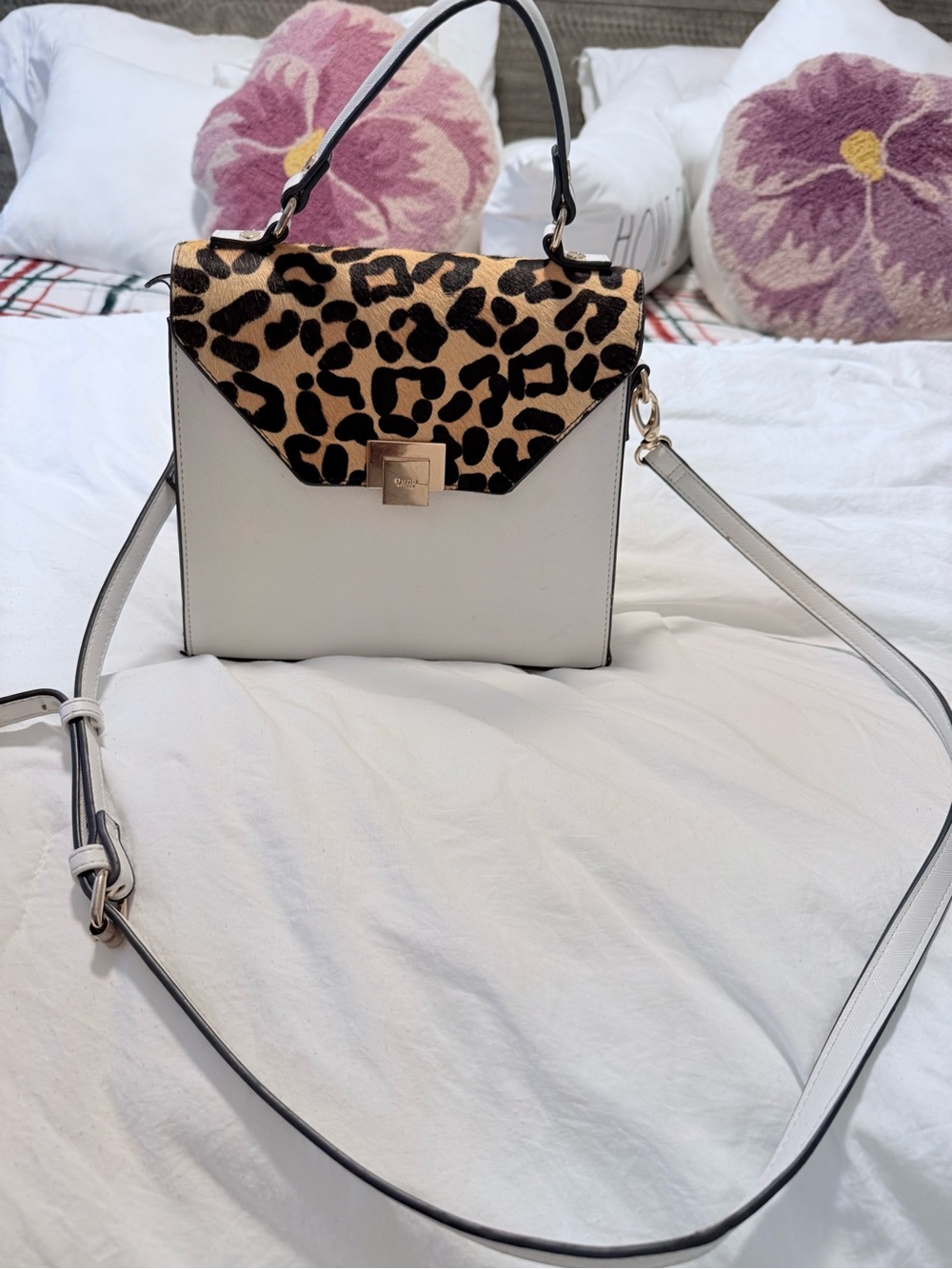 Dune London Leopard Print Flap White Top-Handle Crossbody Bag